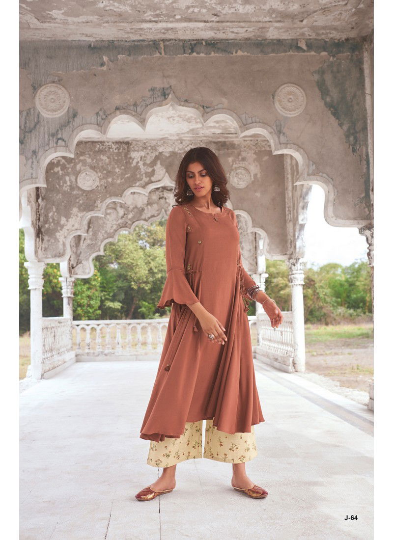 Brown Colour Jansi Modal Khadi Long Dress With Embroidery Kurti With Bottom J-64